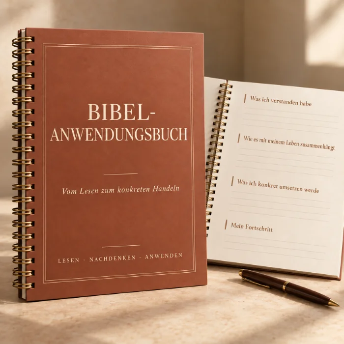 Bibel-Anwendungsbuch mit terrakottafarbenem Einband und goldener Spiralbindung, neben Innenseiten mit Leitfragen.